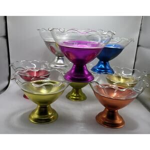 Vintage Sherbet Bowls Set of 8 Scalloped Glass Metal Base MCM